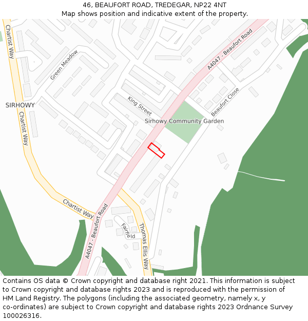 46, BEAUFORT ROAD, TREDEGAR, NP22 4NT: Location map and indicative extent of plot