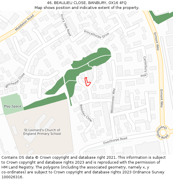 46, BEAULIEU CLOSE, BANBURY, OX16 4FQ: Location map and indicative extent of plot