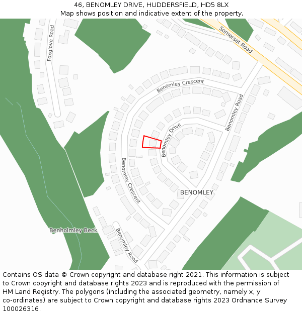 46, BENOMLEY DRIVE, HUDDERSFIELD, HD5 8LX: Location map and indicative extent of plot