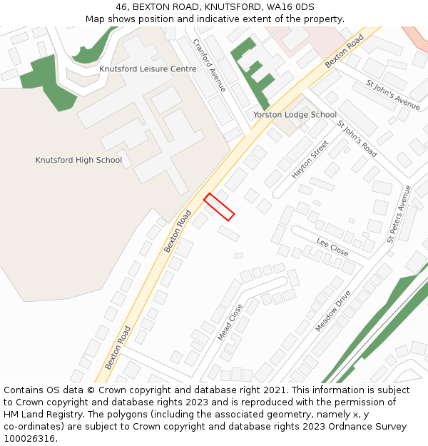 46, BEXTON ROAD, KNUTSFORD, WA16 0DS: Location map and indicative extent of plot