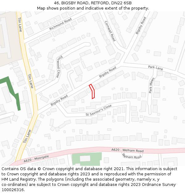 46, BIGSBY ROAD, RETFORD, DN22 6SB: Location map and indicative extent of plot