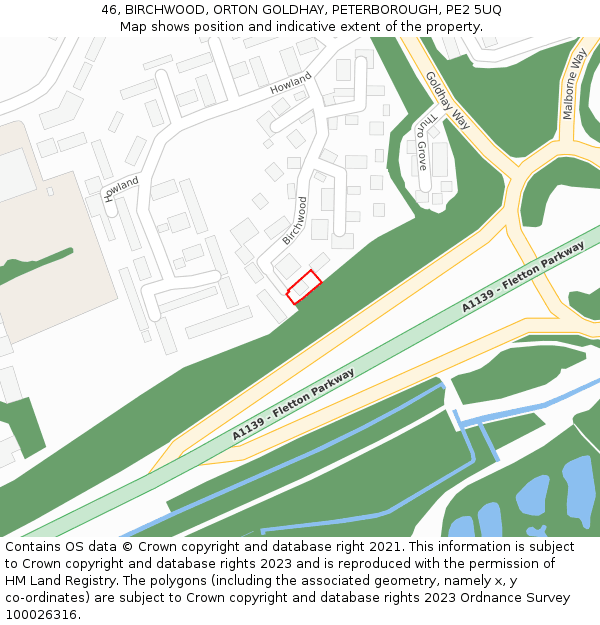 46, BIRCHWOOD, ORTON GOLDHAY, PETERBOROUGH, PE2 5UQ: Location map and indicative extent of plot