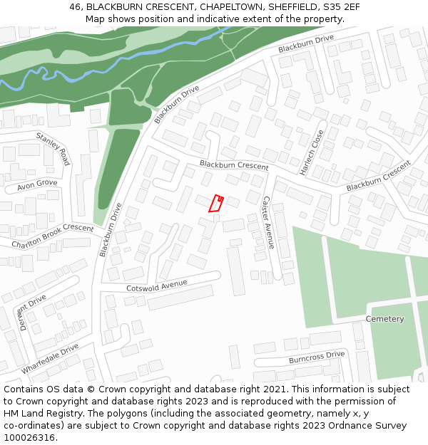 46, BLACKBURN CRESCENT, CHAPELTOWN, SHEFFIELD, S35 2EF: Location map and indicative extent of plot