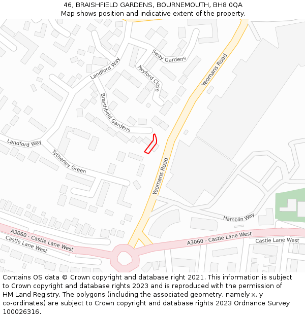 46, BRAISHFIELD GARDENS, BOURNEMOUTH, BH8 0QA: Location map and indicative extent of plot
