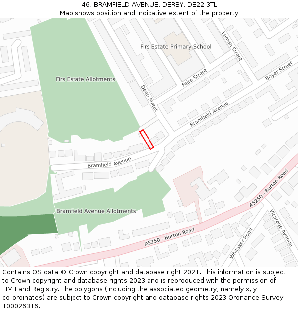 46, BRAMFIELD AVENUE, DERBY, DE22 3TL: Location map and indicative extent of plot
