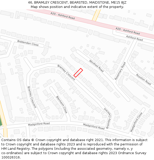 46, BRAMLEY CRESCENT, BEARSTED, MAIDSTONE, ME15 8JZ: Location map and indicative extent of plot