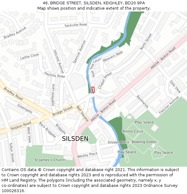 46, BRIDGE STREET, SILSDEN, KEIGHLEY, BD20 9PA: Location map and indicative extent of plot