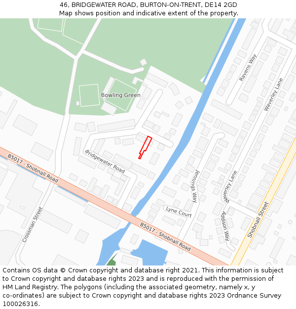 46, BRIDGEWATER ROAD, BURTON-ON-TRENT, DE14 2GD: Location map and indicative extent of plot
