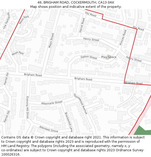 46, BRIGHAM ROAD, COCKERMOUTH, CA13 0AX: Location map and indicative extent of plot
