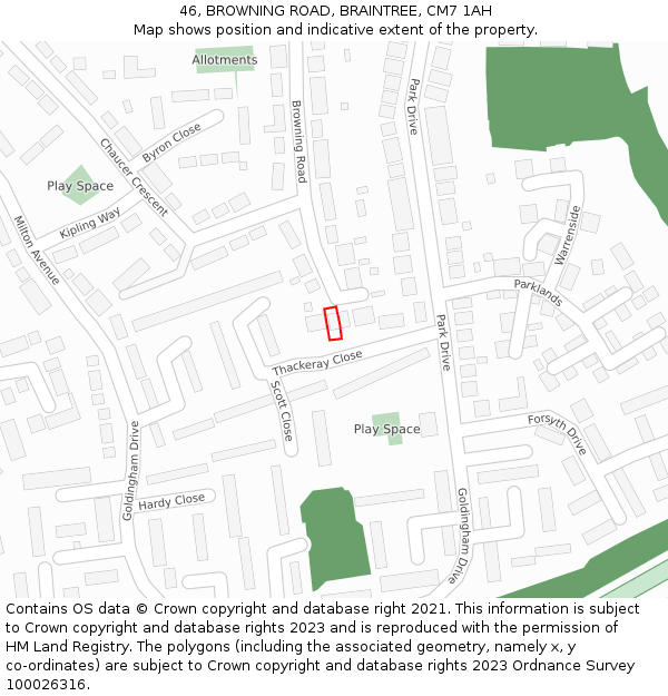 46, BROWNING ROAD, BRAINTREE, CM7 1AH: Location map and indicative extent of plot
