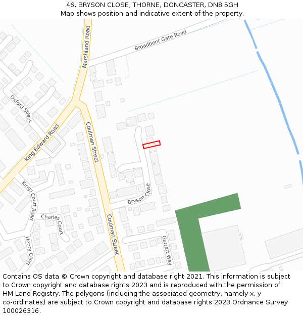 46, BRYSON CLOSE, THORNE, DONCASTER, DN8 5GH: Location map and indicative extent of plot