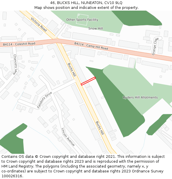 46, BUCKS HILL, NUNEATON, CV10 9LQ: Location map and indicative extent of plot