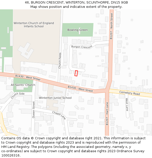 46, BURGON CRESCENT, WINTERTON, SCUNTHORPE, DN15 9GB: Location map and indicative extent of plot