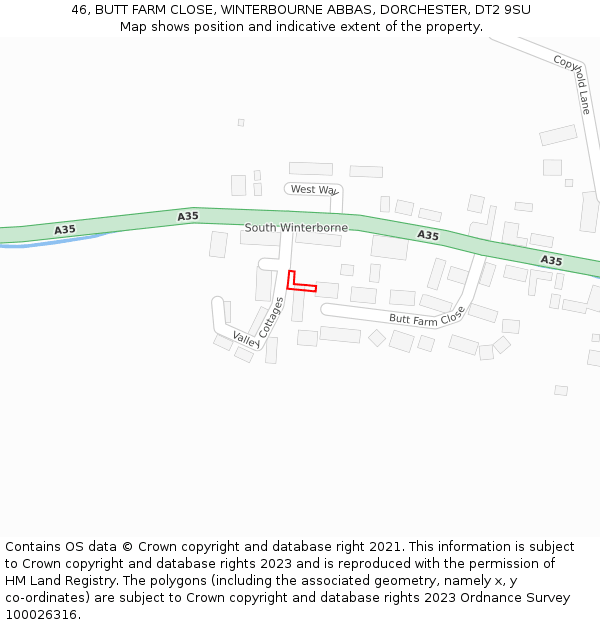 46, BUTT FARM CLOSE, WINTERBOURNE ABBAS, DORCHESTER, DT2 9SU: Location map and indicative extent of plot