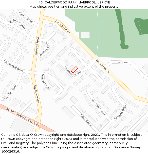 46, CALDERWOOD PARK, LIVERPOOL, L27 0YE: Location map and indicative extent of plot