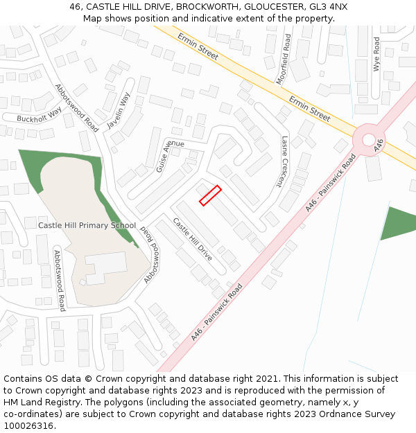 46, CASTLE HILL DRIVE, BROCKWORTH, GLOUCESTER, GL3 4NX: Location map and indicative extent of plot