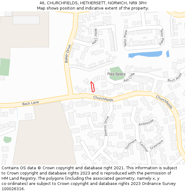 46, CHURCHFIELDS, HETHERSETT, NORWICH, NR9 3PH: Location map and indicative extent of plot