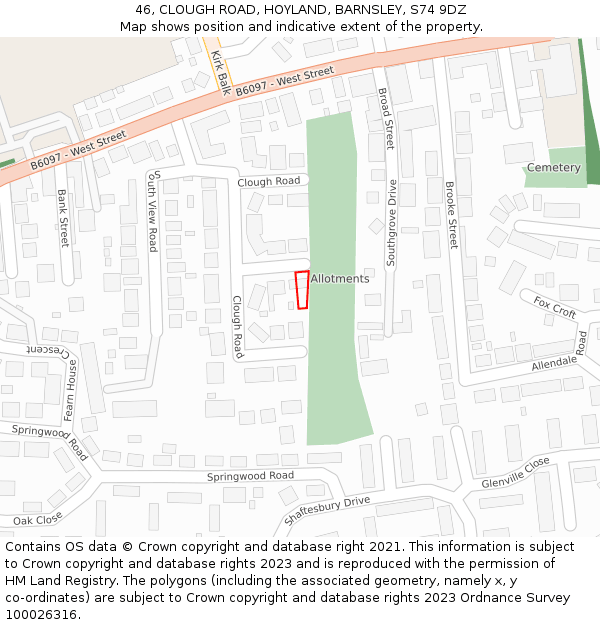 46, CLOUGH ROAD, HOYLAND, BARNSLEY, S74 9DZ: Location map and indicative extent of plot