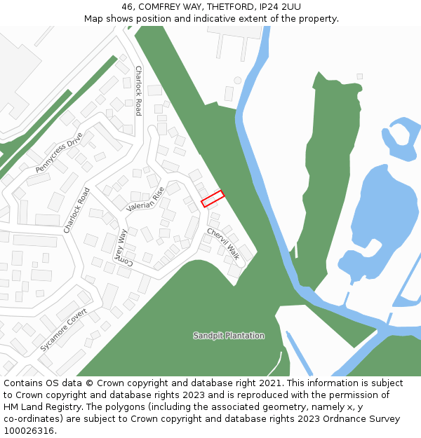 46, COMFREY WAY, THETFORD, IP24 2UU: Location map and indicative extent of plot