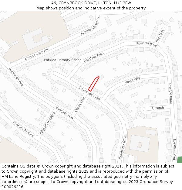 46, CRANBROOK DRIVE, LUTON, LU3 3EW: Location map and indicative extent of plot