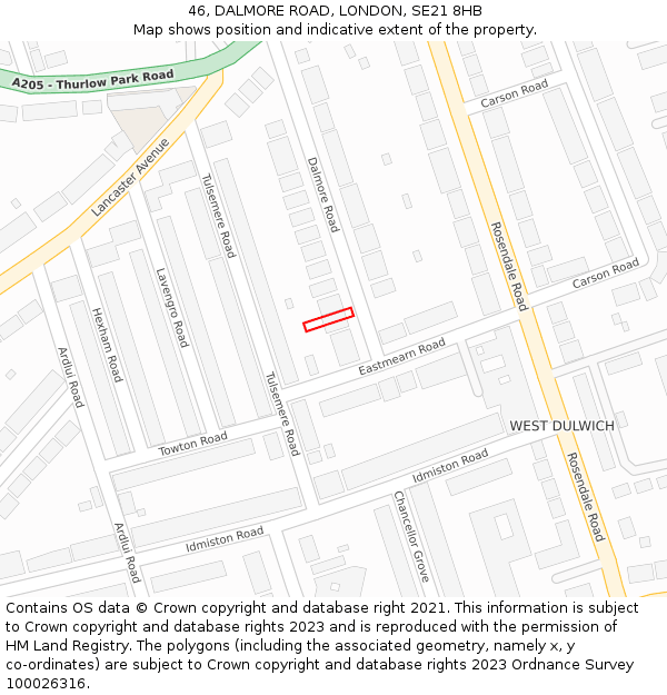 46, DALMORE ROAD, LONDON, SE21 8HB: Location map and indicative extent of plot