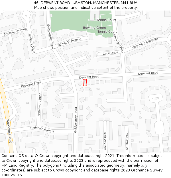 46, DERWENT ROAD, URMSTON, MANCHESTER, M41 8UA: Location map and indicative extent of plot