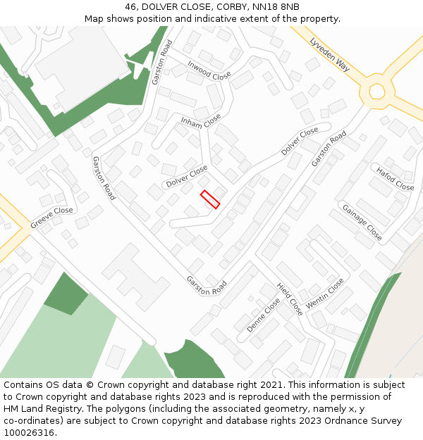 46, DOLVER CLOSE, CORBY, NN18 8NB: Location map and indicative extent of plot