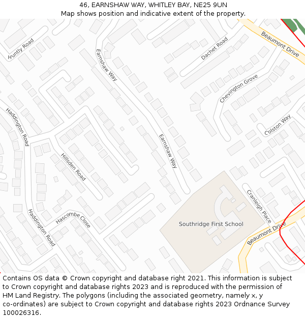 46, EARNSHAW WAY, WHITLEY BAY, NE25 9UN: Location map and indicative extent of plot