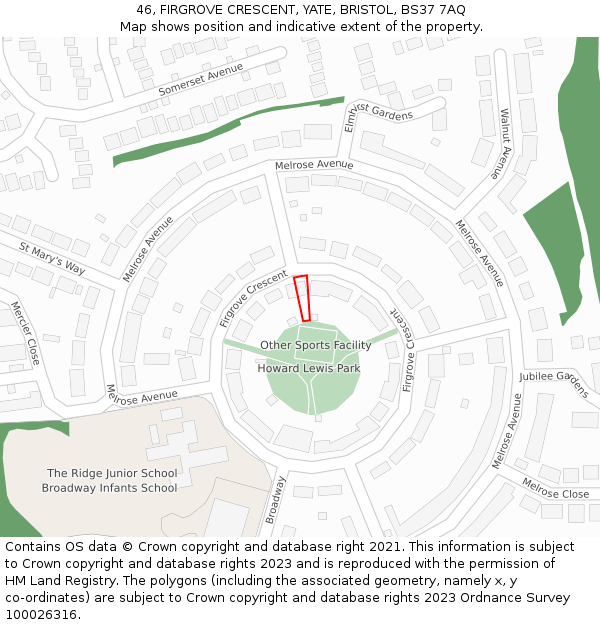 46, FIRGROVE CRESCENT, YATE, BRISTOL, BS37 7AQ: Location map and indicative extent of plot