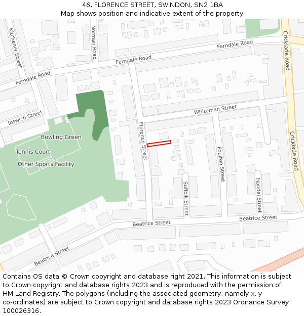 46, FLORENCE STREET, SWINDON, SN2 1BA: Location map and indicative extent of plot