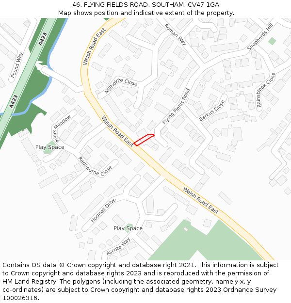 46, FLYING FIELDS ROAD, SOUTHAM, CV47 1GA: Location map and indicative extent of plot