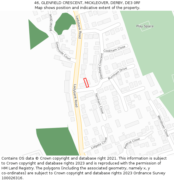 46, GLENFIELD CRESCENT, MICKLEOVER, DERBY, DE3 0RF: Location map and indicative extent of plot