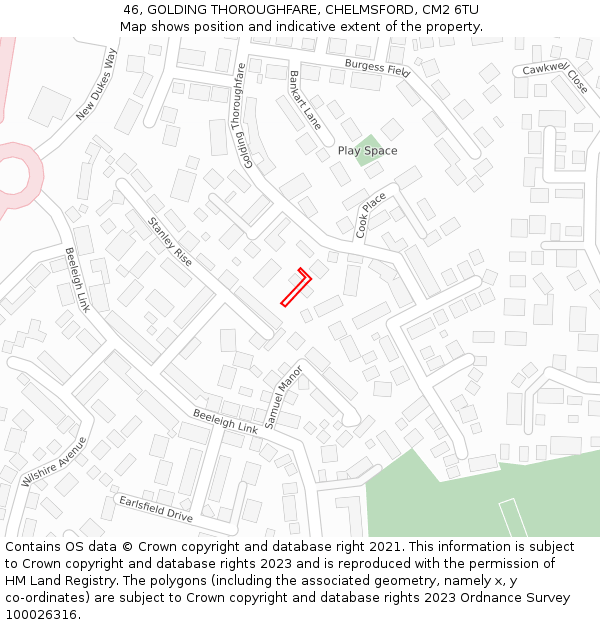 46, GOLDING THOROUGHFARE, CHELMSFORD, CM2 6TU: Location map and indicative extent of plot