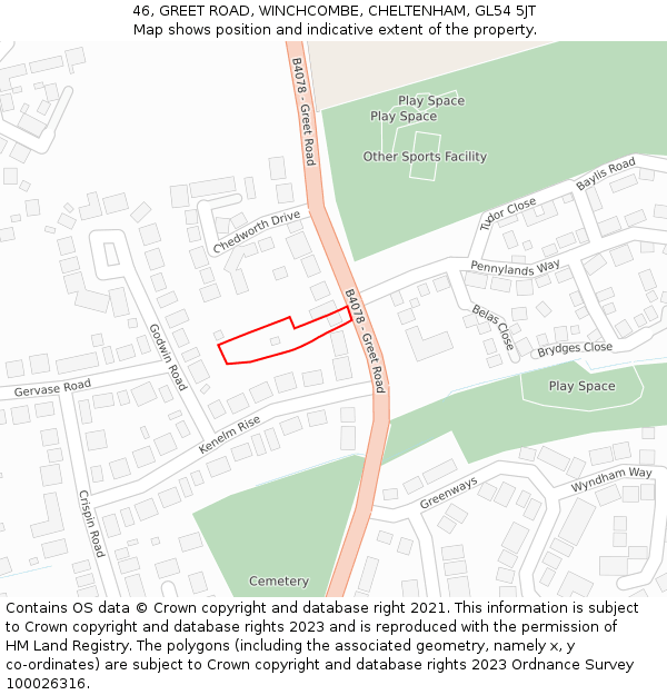 46, GREET ROAD, WINCHCOMBE, CHELTENHAM, GL54 5JT: Location map and indicative extent of plot
