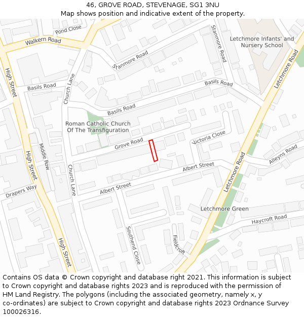 46, GROVE ROAD, STEVENAGE, SG1 3NU: Location map and indicative extent of plot