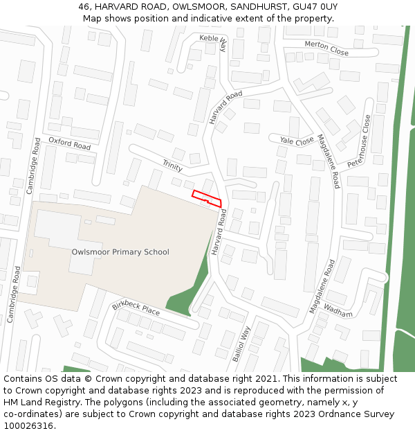 46, HARVARD ROAD, OWLSMOOR, SANDHURST, GU47 0UY: Location map and indicative extent of plot