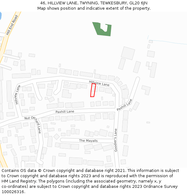 46, HILLVIEW LANE, TWYNING, TEWKESBURY, GL20 6JN: Location map and indicative extent of plot