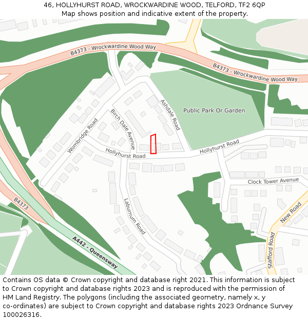 46, HOLLYHURST ROAD, WROCKWARDINE WOOD, TELFORD, TF2 6QP: Location map and indicative extent of plot