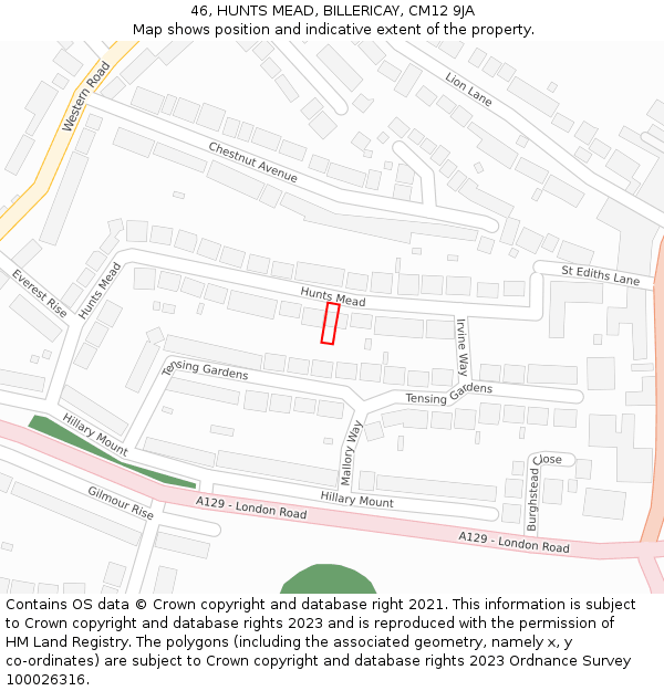 46, HUNTS MEAD, BILLERICAY, CM12 9JA: Location map and indicative extent of plot