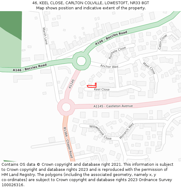46, KEEL CLOSE, CARLTON COLVILLE, LOWESTOFT, NR33 8GT: Location map and indicative extent of plot
