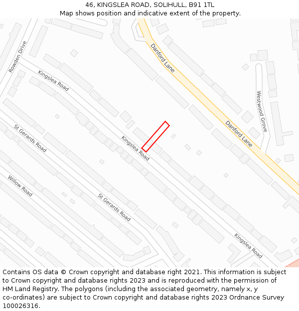 46, KINGSLEA ROAD, SOLIHULL, B91 1TL: Location map and indicative extent of plot