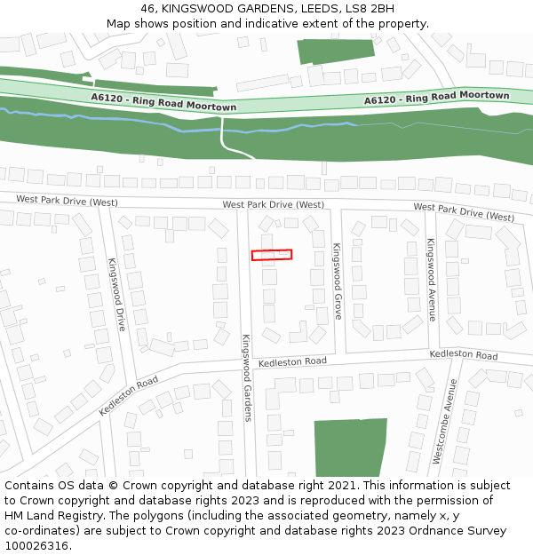 46, KINGSWOOD GARDENS, LEEDS, LS8 2BH: Location map and indicative extent of plot