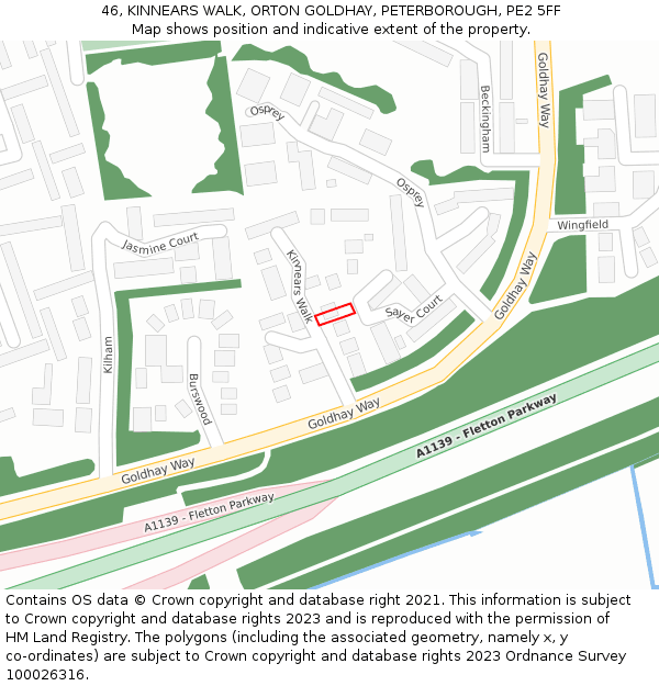 46, KINNEARS WALK, ORTON GOLDHAY, PETERBOROUGH, PE2 5FF: Location map and indicative extent of plot