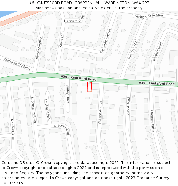 46, KNUTSFORD ROAD, GRAPPENHALL, WARRINGTON, WA4 2PB: Location map and indicative extent of plot