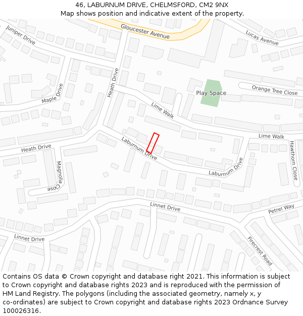 46, LABURNUM DRIVE, CHELMSFORD, CM2 9NX: Location map and indicative extent of plot