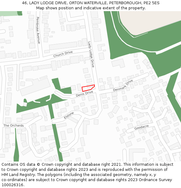 46, LADY LODGE DRIVE, ORTON WATERVILLE, PETERBOROUGH, PE2 5ES: Location map and indicative extent of plot