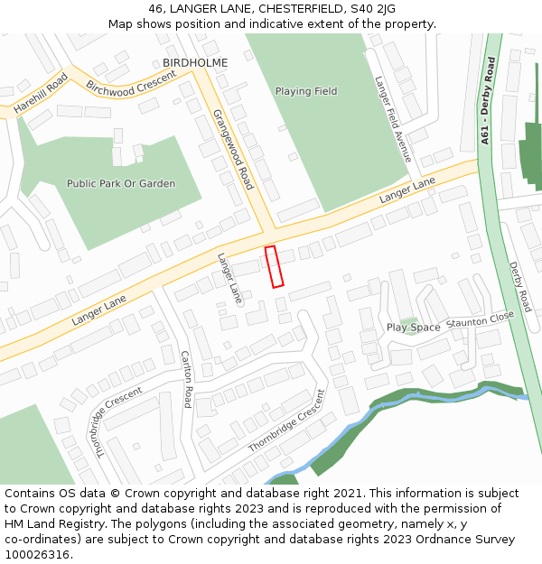 46, LANGER LANE, CHESTERFIELD, S40 2JG: Location map and indicative extent of plot