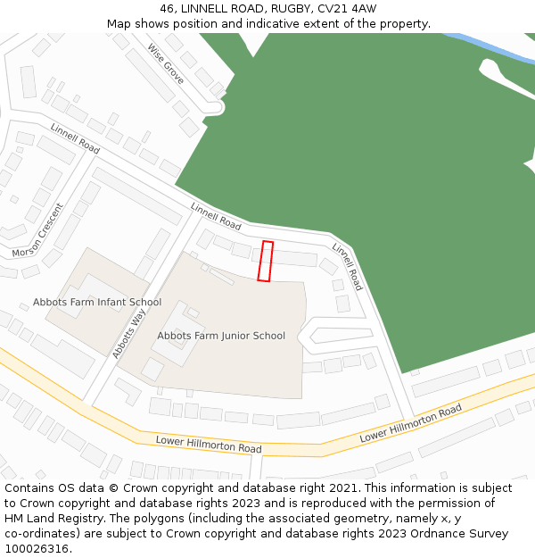 46, LINNELL ROAD, RUGBY, CV21 4AW: Location map and indicative extent of plot