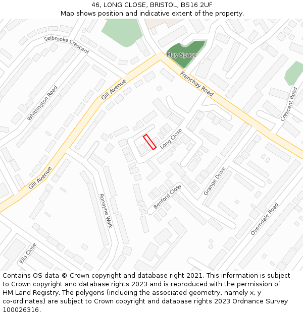 46, LONG CLOSE, BRISTOL, BS16 2UF: Location map and indicative extent of plot