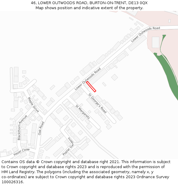 46, LOWER OUTWOODS ROAD, BURTON-ON-TRENT, DE13 0QX: Location map and indicative extent of plot